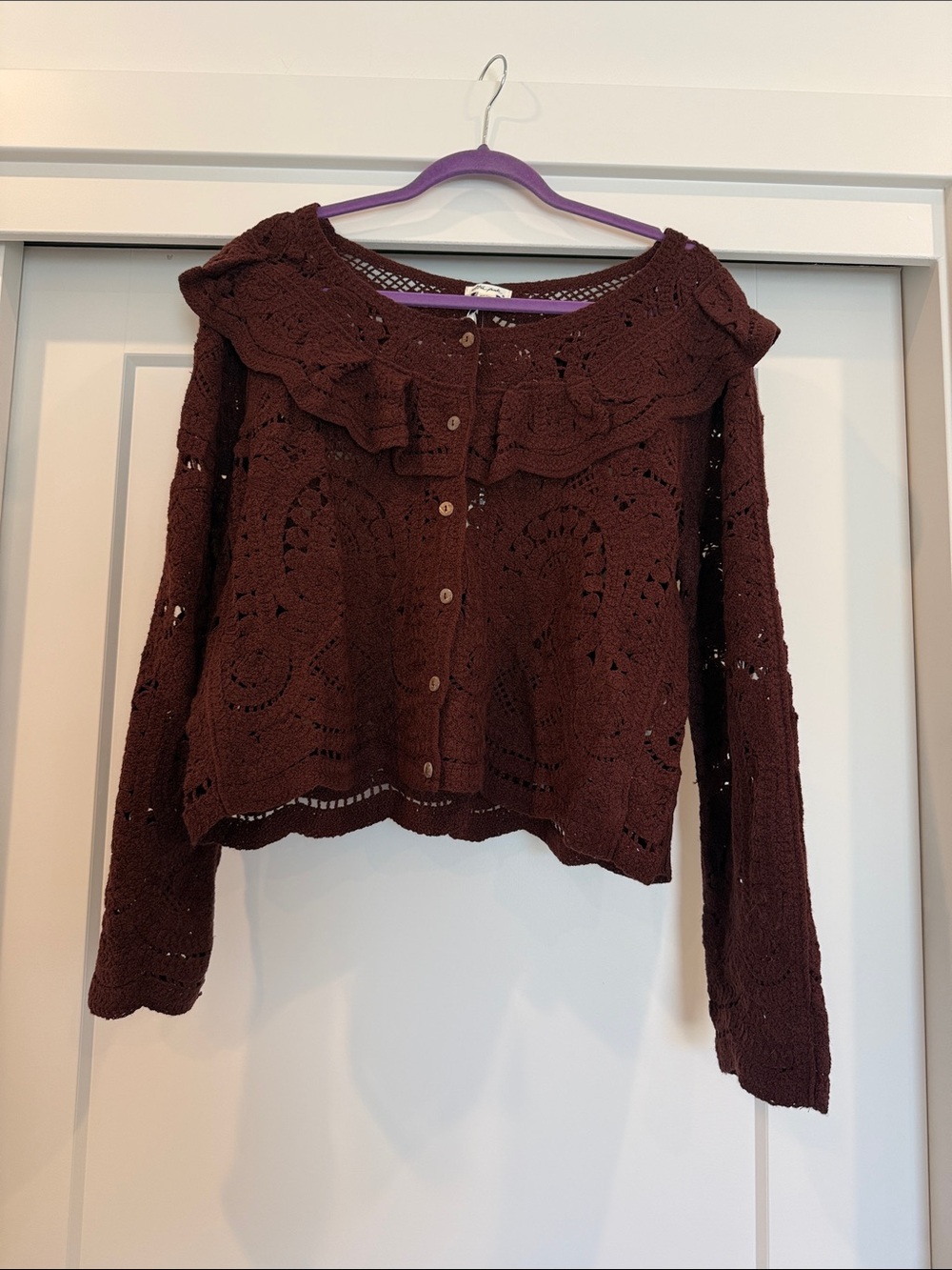 Ultra Pink Burgundy Ruffled Crochet Button-Front Cardigan